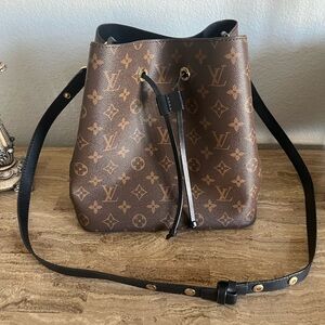 Brown and Black Bucket Bag with Monogram Design